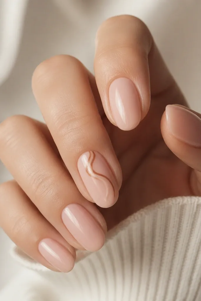 Glossy nude nails; on the middle finger there's a thin cinnamon-brown swirl starting near the cuticle and curling toward the center, with a second thinner line following the curve.