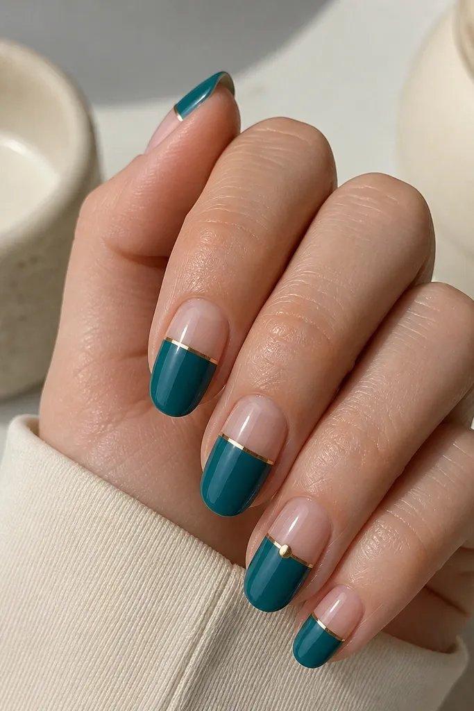 Medium oval nails with a teal-green base; the bottom half is teal, and the top half is nude with a copper thin line separating them like a clean horizon. One nail has a copper dot at the center of the line.