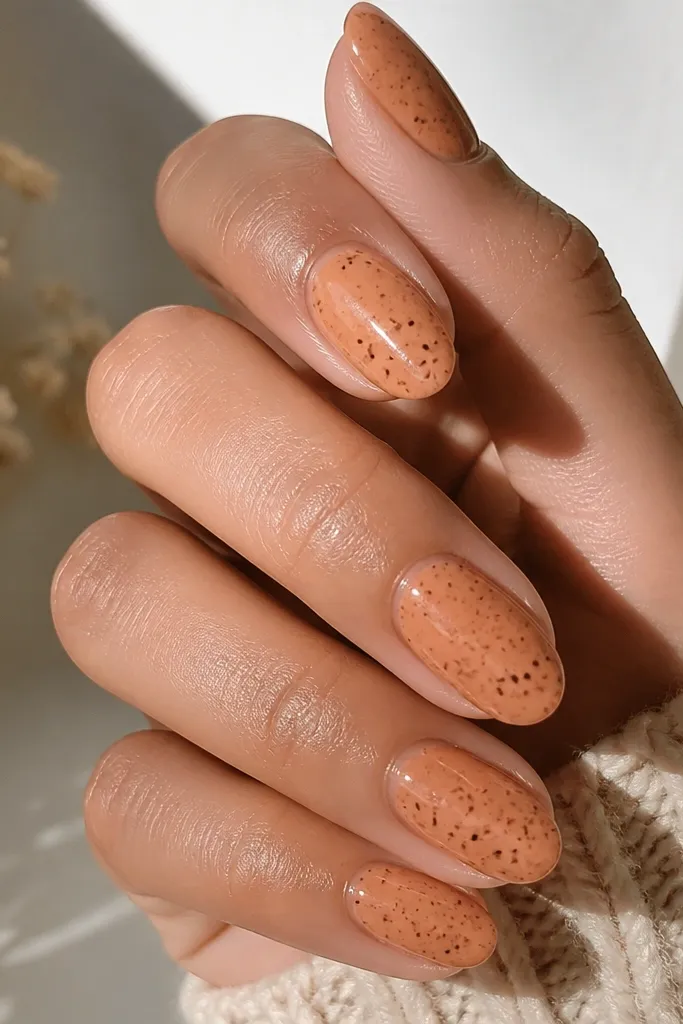 Short almond nails painted pumpkin nude (soft orange-beige). Each nail has small chocolate speckles scattered across the middle and near the tips, with a glossy finish.