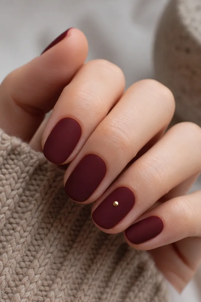 All nails painted deep burgundy with a soft velvety matte finish. On the ring finger, there's one small gold dot centered near the middle; the dot is glossy against the matte.