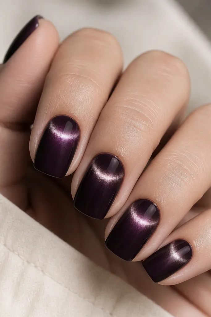 Short squoval nails painted plum noir. The cat-eye stripe sits slightly above center, forming a bright half-moon flare near the cuticle and tapering down. The rest of the nail is a smooth dark purple with a glass shine.