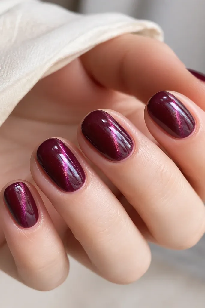 Short round nails with a glossy plum jelly look. The cat-eye stripe is bright and slightly translucent, showing a jelly depth under the glass shine. The nails look smooth and slightly juicy.
