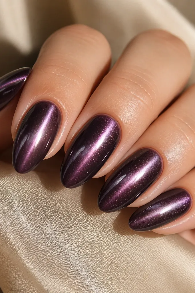 Almond nails painted dark eggplant purple with a bright center cat-eye line. Over the top, there's a subtle chrome-like shimmer that looks like a soft metallic veil, especially near the stripe. The nails have a mirror finish.