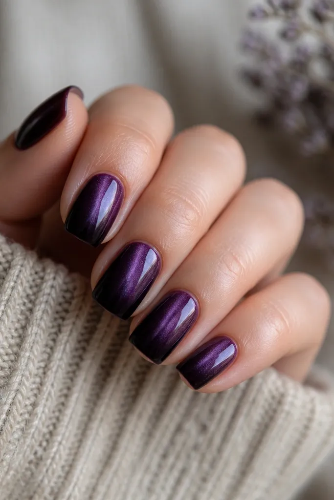 Medium square nails with a dark purple base. The cat-eye stripe runs down the center, and the tip area is darker, almost like a French manicure but without a crisp white line. The overall look is glossy and clean at the cuticle.