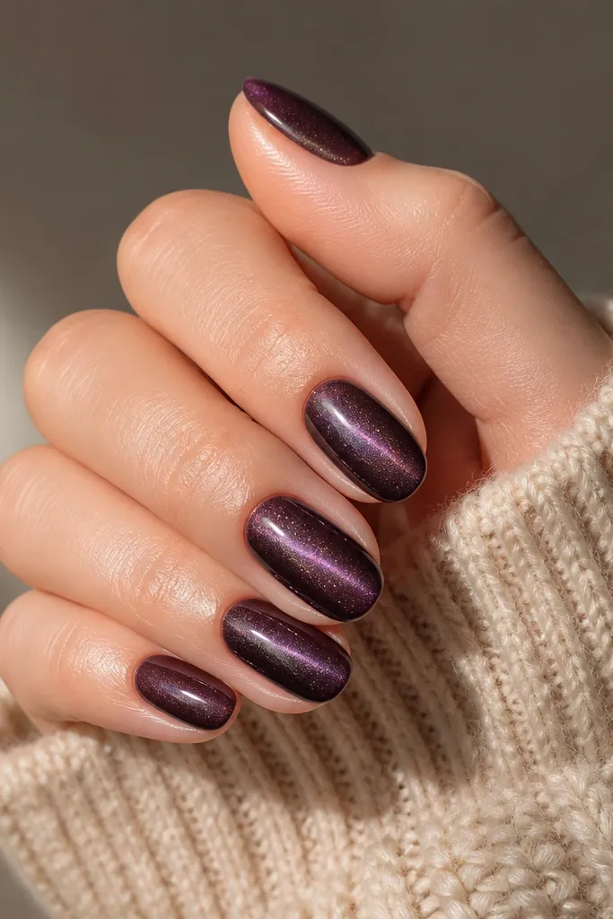 Short almond nails painted smoky dark purple. The cat-eye line is not dead center; it sweeps slightly to one side, creating a soft diagonal glow from cuticle to sidewall. Gloss finish, clean cuticles.
