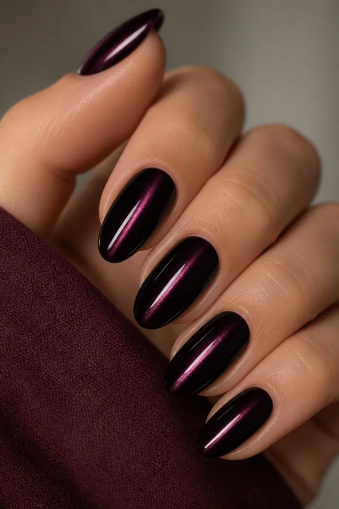 Very dark black-plum nails with a bright, narrow center cat-eye stripe. There are no extra designs. The nails look like a deep mirror with crisp stripe definition.