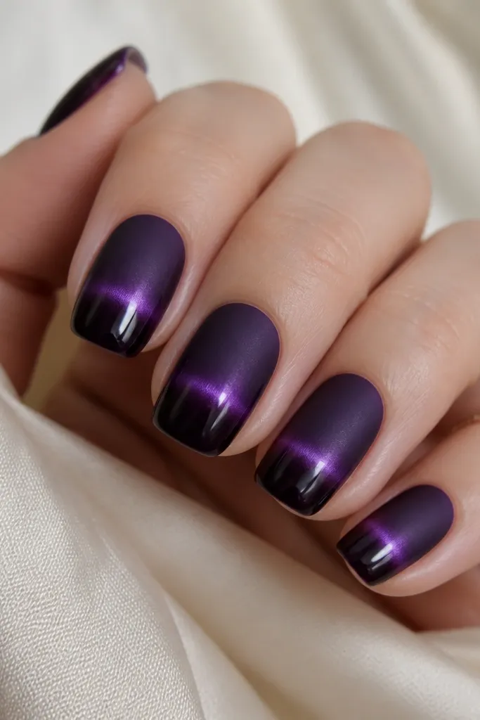 Medium squoval nails painted deep eggplant purple. The base area is matte, while the tips are glossy. A cat-eye stripe runs through the nail, and it looks brighter where the glossy top starts.