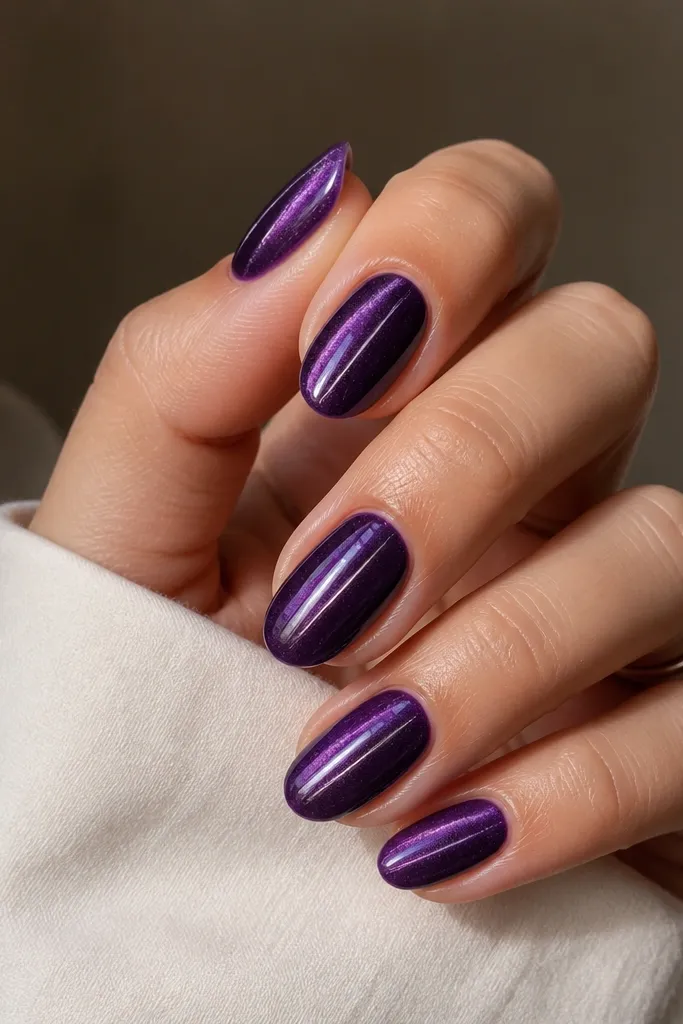 Short almond nails in deep purple. The cat-eye stripe runs down the center. A thin silver micro-line sits just off-center near the stripe, like a hairline highlight. The set is glossy and crisp.