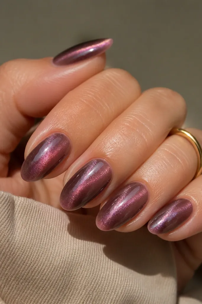 Medium almond nails with a sheer nude base. Over it, there's a translucent plum noir magnetic layer that creates a cat-eye stripe, so the purple glows over your natural nail color. The finish is glossy and clean.