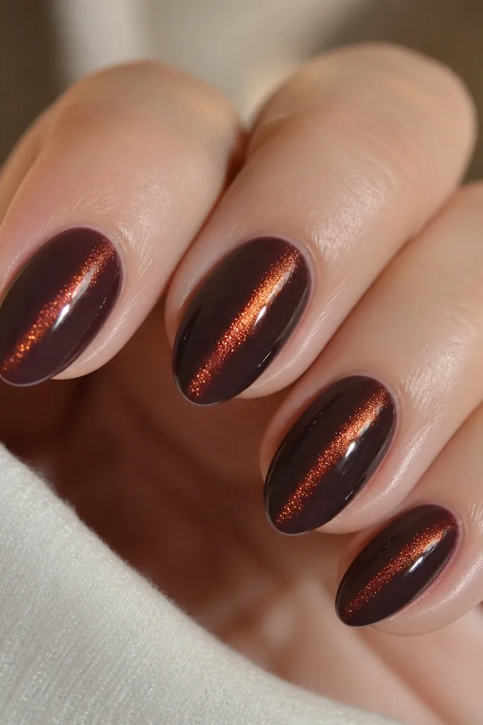 Short almond nails painted a smoky merlot purple-brown. The cat eye stripe sits slightly off-center and glows coppery-red under a bright light. A glassy clear jelly topcoat makes the stripe look deeper, like it's suspended under the surface, with a crisp shine and no visible brush streaks.