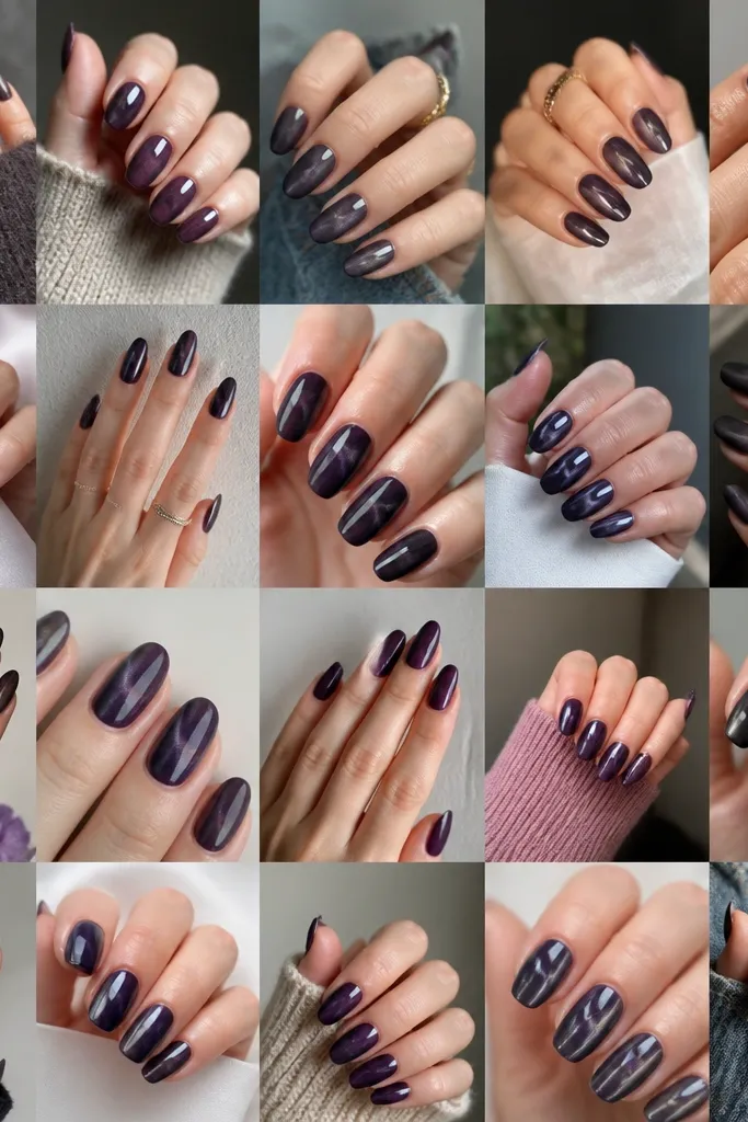 20 low_maintenance Dark Purple Cat Eye Nails