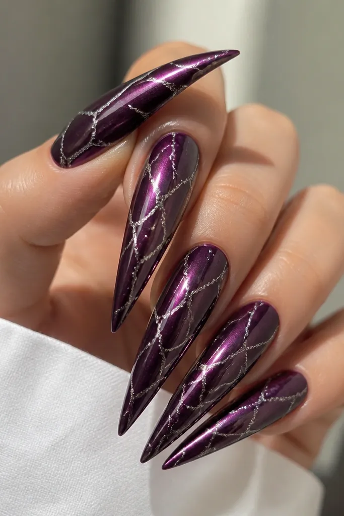 Long stiletto nails painted in a deep plum chrome. Over the chrome, thin silver crackle lines run diagonally across each nail like shattered foil. High mirror shine, no texture bumps.