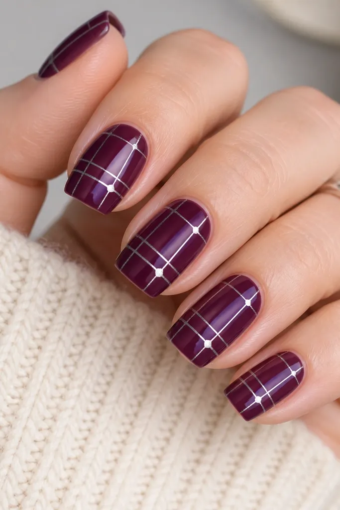 Square nails painted solid plum creme. Thin silver lines form a subtle grid across each nail, with a few thicker intersections for a modern design. Bright, clean lines and glossy top coat.