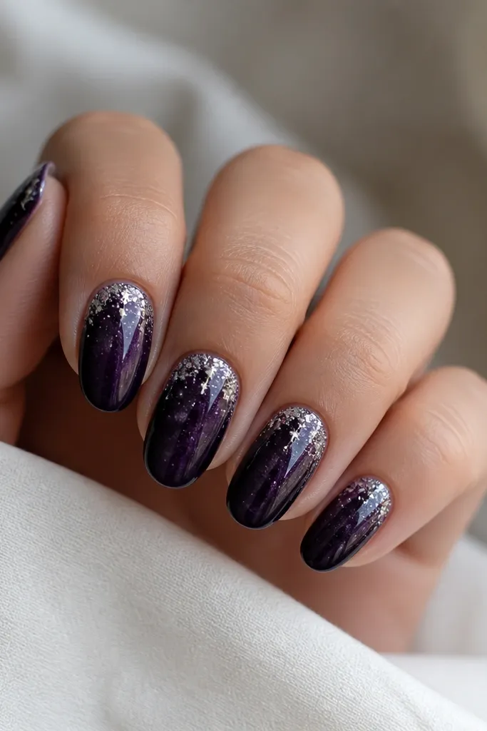 Medium oval nails with a galaxy effect in dark purple - deep base with subtle lighter speckles. Silver star-like dots and tiny foil bursts cluster near the cuticle and fade toward the tip. Glossy finish.