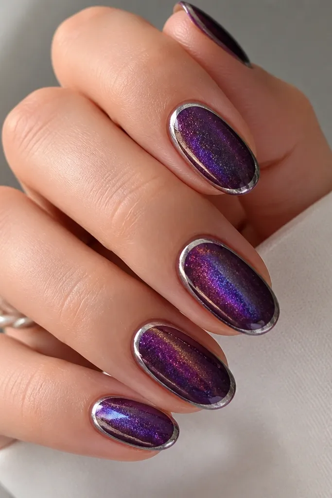 Medium oval nails with a deep purple holographic gel base that shifts color under light. Around the edges of each nail, a thin silver outline frames the nail perimeter like a border. Glossy finish.
