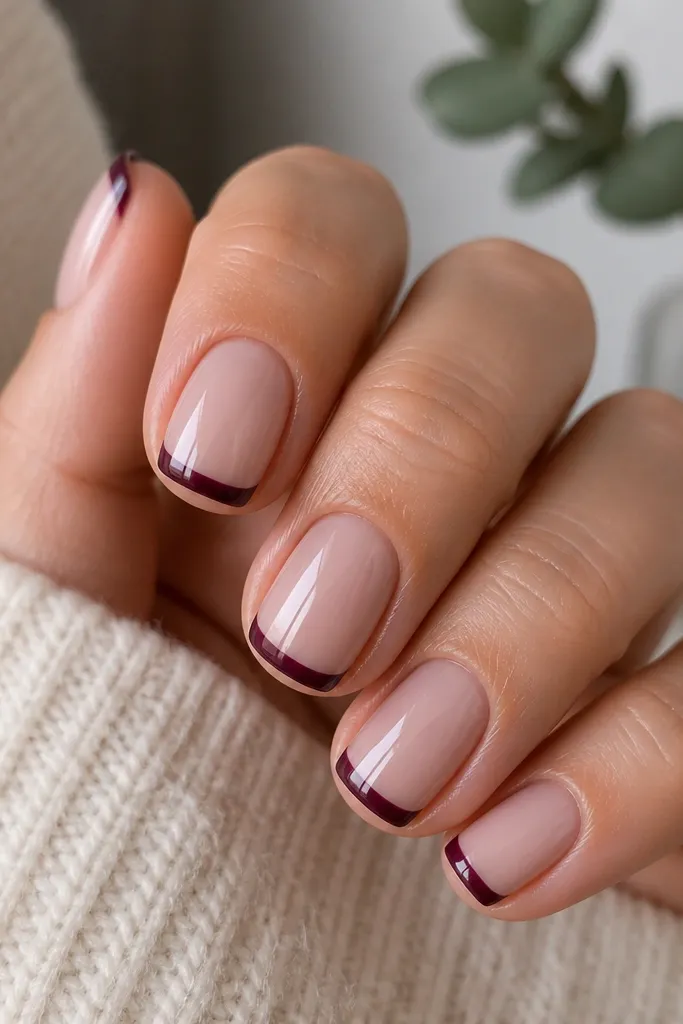 Short square nails with a milky nude base; crisp French tips in deep plum wine with a smooth, glossy finish; no extra art.