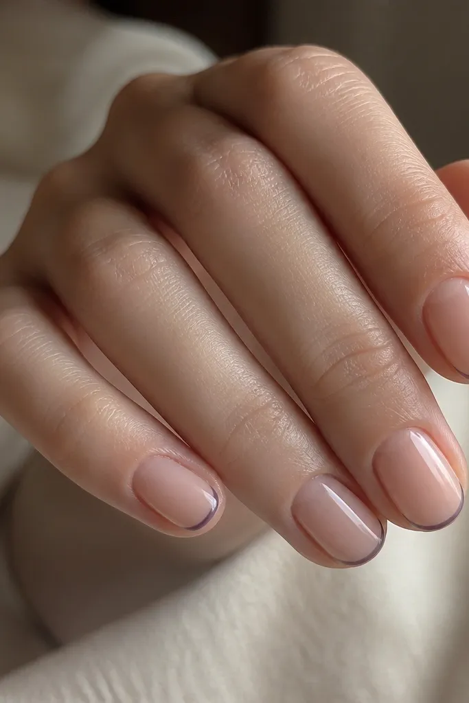 Short rounded nails with a nude pink base; a very thin dark purple line at the tip like a pencil stroke; glossy finish.