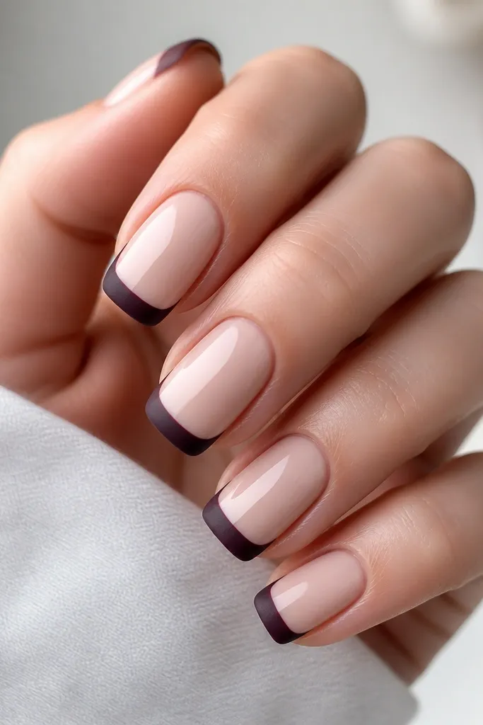 Square nails with glossy milky nude base; dark purple French tips are matte; the base reflects light while tips look velvety.