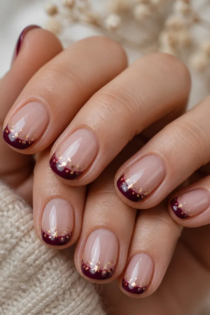 Short rounded nails with milky nude base; dark plum French tips; tiny gold star confetti scattered lightly near the center of the tips; glossy top.