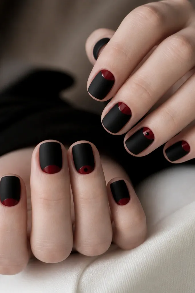 Short square nails. The base is matte black, but a glossy red crescent sits right under each cuticle, forming a clean half-moon. Ring fingers have the same half-moon with a tiny black dot at the center of the red.