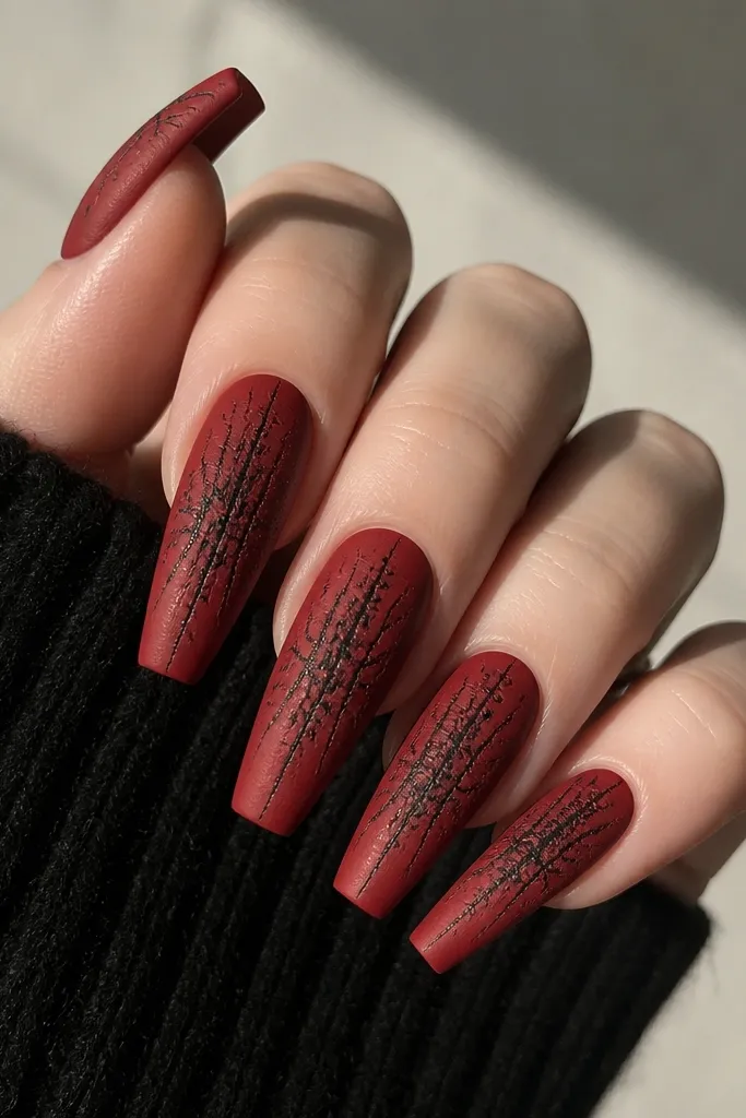 Long coffin nails. Base coat is a deep crepe-like red with a slightly matte texture. Over it, black crackle gel creates thin branching lines like dried paint, concentrated more toward the center of each nail.