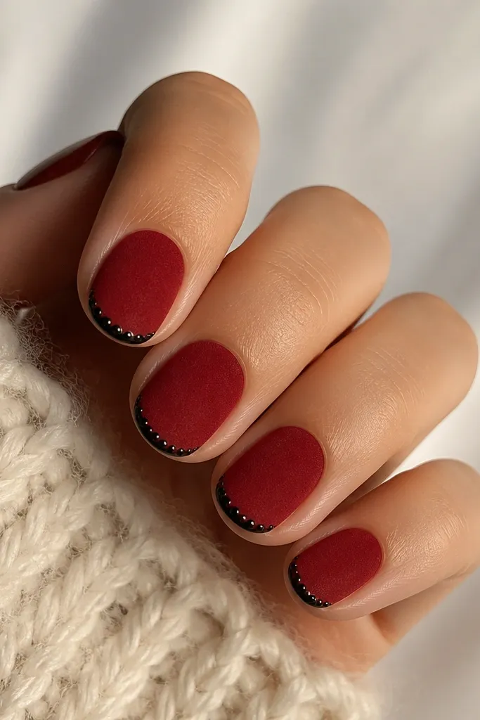 Short round nails. Nails are a matte, velvety red with a soft fuzzy finish. The tips have a thin black border, and a line of tiny black studs sits right at the edge of the border on each nail.