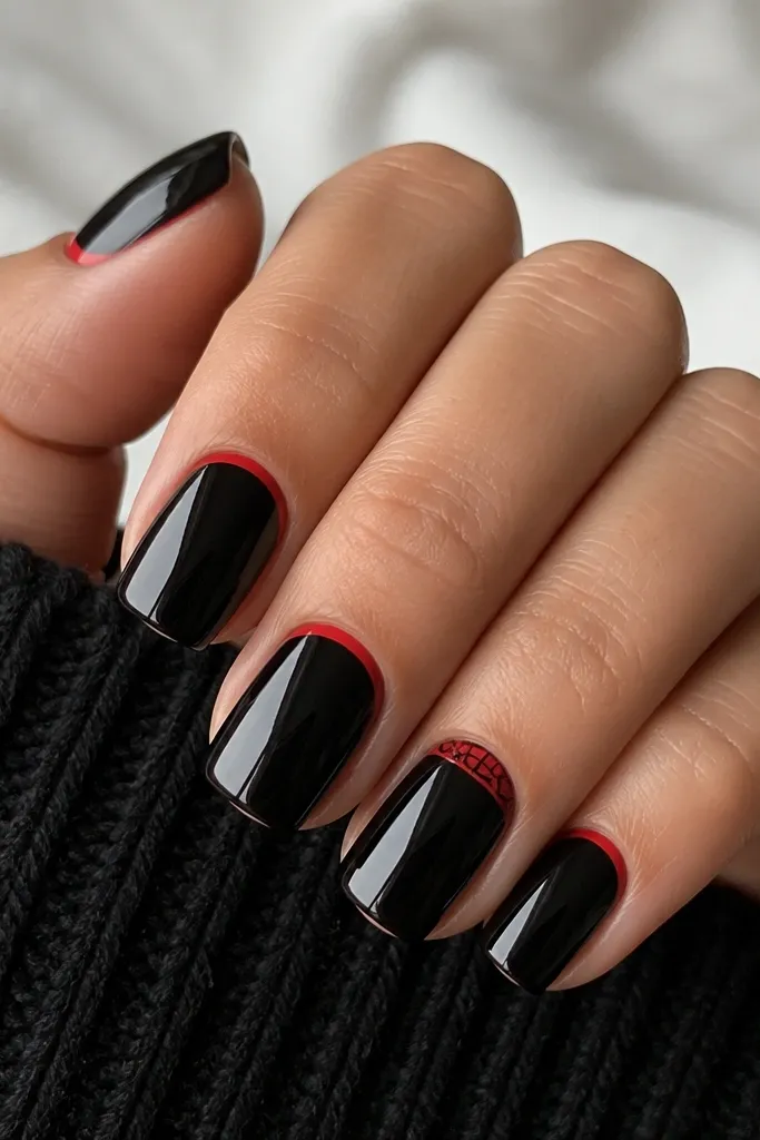 Medium square nails. Most nails are glossy black. Each nail has a red reverse French line at the cuticle area, like a thin crescent. On the ring finger, the red crescent has a small black web drawn inside it.