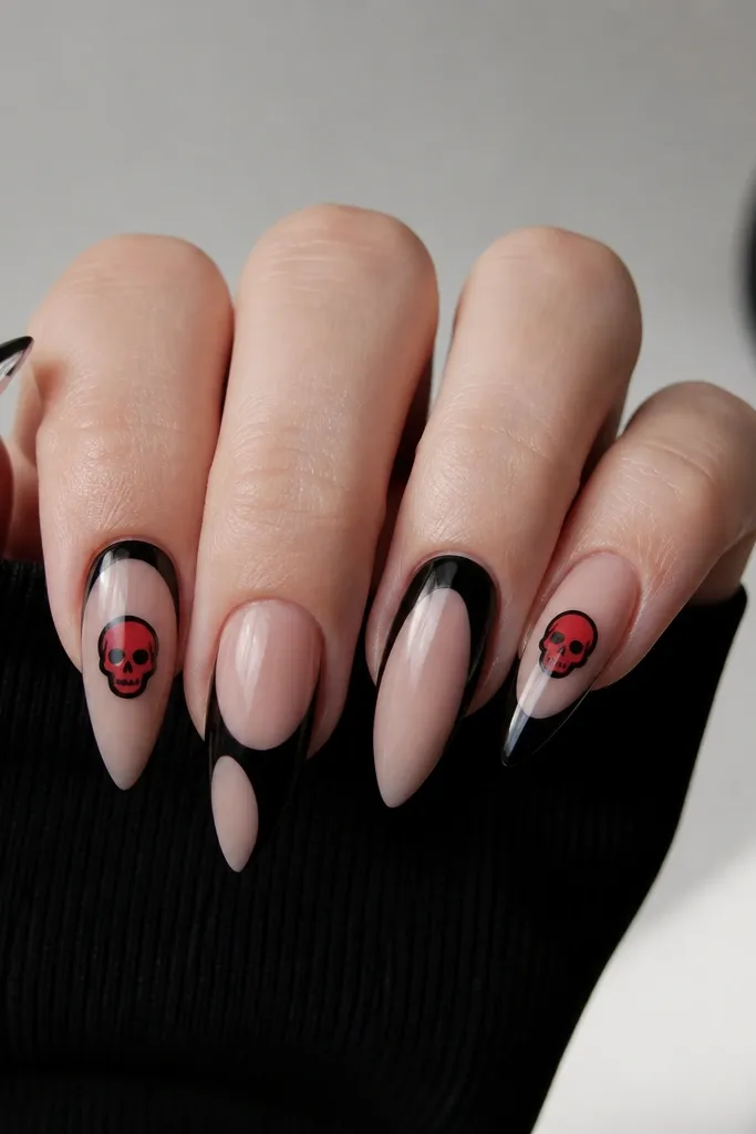 Almond nails with black negative space. The base is sheer nude, but black shapes block out areas so each nail has a clear black silhouette. On the index and ring fingers, small red skull decals sit centered, with black outlines around them.