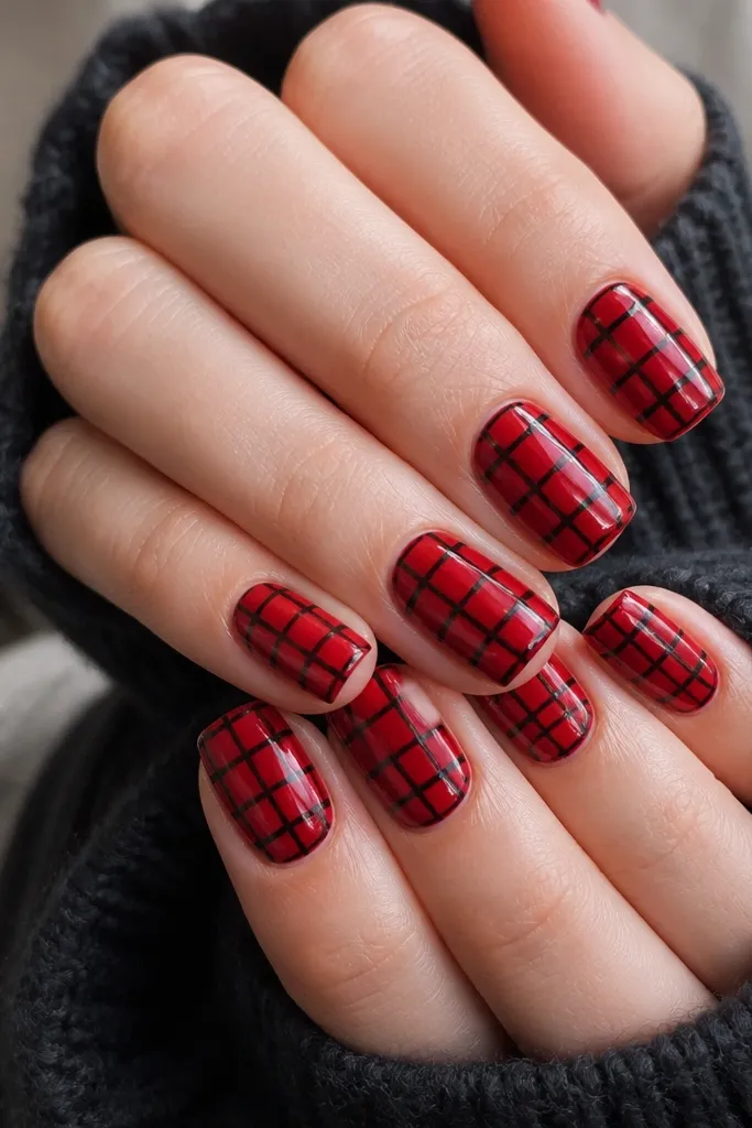 Short squoval nails. Base is glossy red. Over it, black plaid lines form a grid: vertical stripes and horizontal stripes that cross into small squares. The plaid is crisp and slightly raised under glossy topcoat.
