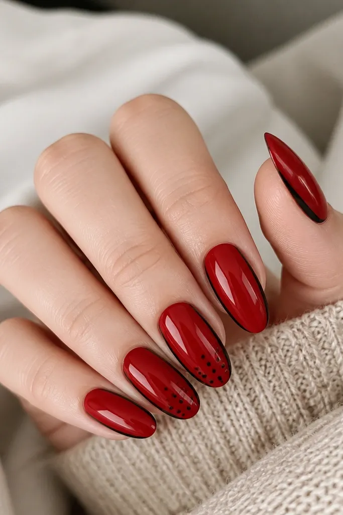 Medium oval nails. The main color is glossy red. Along both side edges of each nail, thin black "French sidewall" lines run from near the cuticle to the tip. On the middle and ring fingers, there are small black dots clustered near the lower third.
