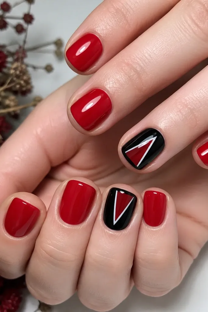 Short square nails. Most nails are solid glossy red. Two accent nails are black with a candy-corn style triangle at the center using red, black, and a small white gap. The triangles have sharp edges and a glossy finish.