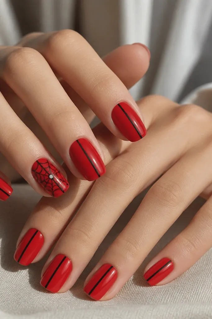 Medium squoval nails. Most nails are glossy red with a thin black stripe down the center. On the ring fingers, a black web pattern spreads from the center outward, with a single tiny red dot at the web's center.