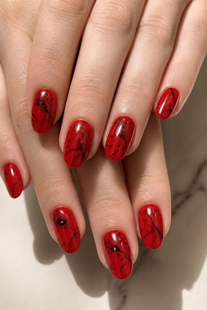 Short almond nails. The base is glossy red with thin black marble veins branching like cracks in stone. The veins are semi-transparent at edges, and the nails have a wet-looking clear shine.