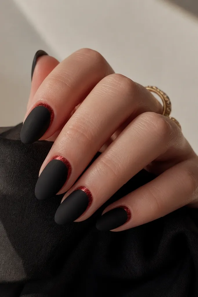 Medium oval nails. The nails are matte black, but a red glitter halo sits around the cuticle area like a thin ring. The glitter is concentrated in the center of the halo and fades at the edges.