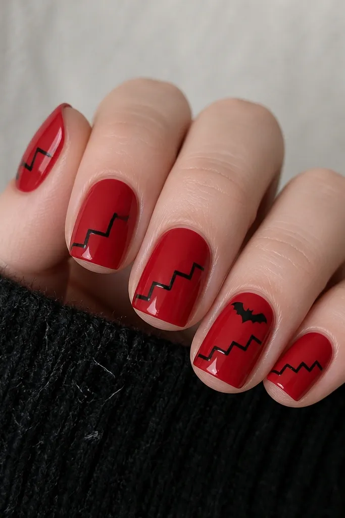 Short squoval nails. Each nail has a red base. Black lines form a ladder-like pattern of steps across the nail diagonally. On one accent nail, a small black bat silhouette sits near the top corner.
