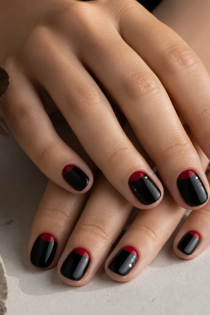 Short oval nails painted glossy black. On each nail, a clean half-moon at the cuticle is painted cherry red, leaving the rest glossy black. A thin white dot sits near the side of two nails, minimal and crisp.