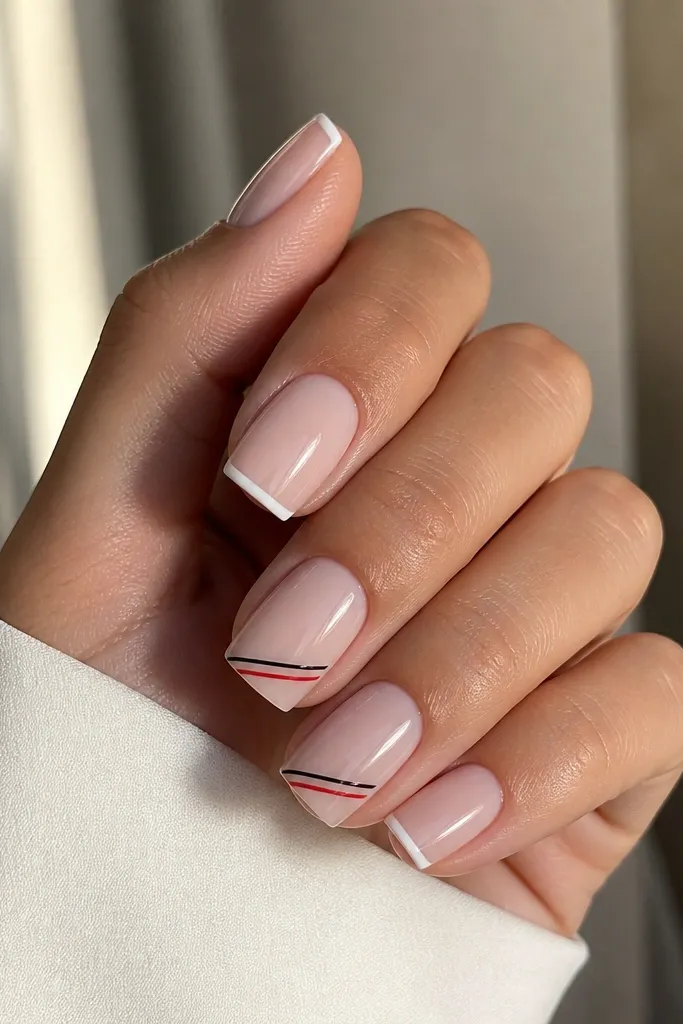 Medium square nails with a sheer nude base. The tips are painted thin white micro-tips (like a narrow French). On two nails, black diagonal lines slice across the tip area with a red line parallel underneath.