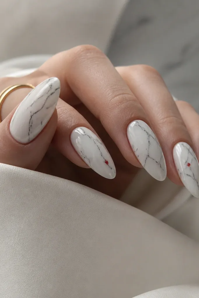 Almond nails with a milky white base. Thin black marble veins run through the nails like natural stone. Red is added as two small accent flecks - one near the center on one nail and a tiny dot on another.