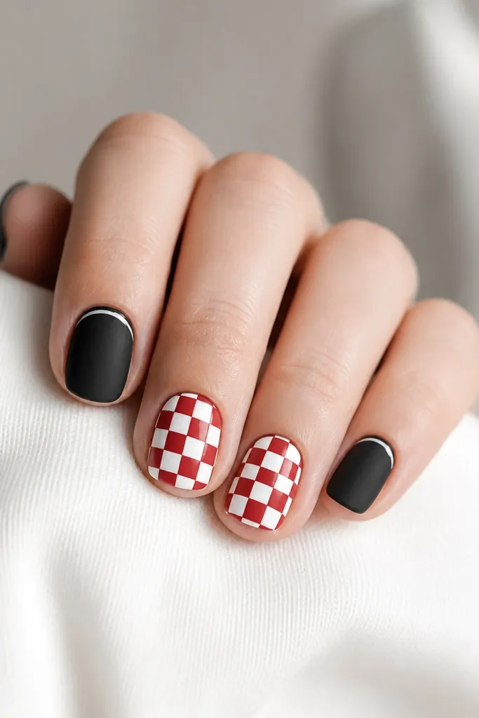 Short rounded nails. Two nails have a red and white checker pattern with crisp squares. The other nails are matte black with a thin glossy white border line near the cuticle.