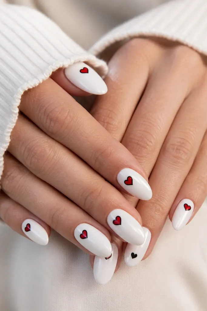 Medium almond nails painted glossy white. On each nail, a small heart sits near the center cuticle area: black outline hearts filled with red. Two accent nails have one tiny black heart only.