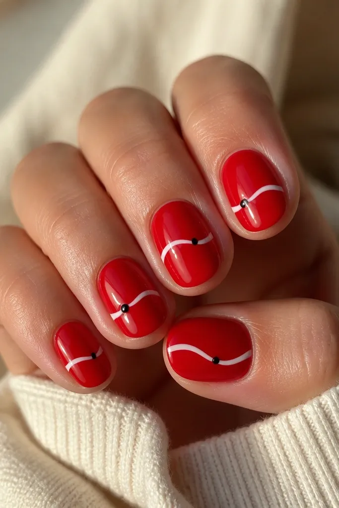 Short oval nails with a solid red base. On each nail, a single white swoosh line curves across the middle. Black dots sit at one end of the swoosh on two accent nails.