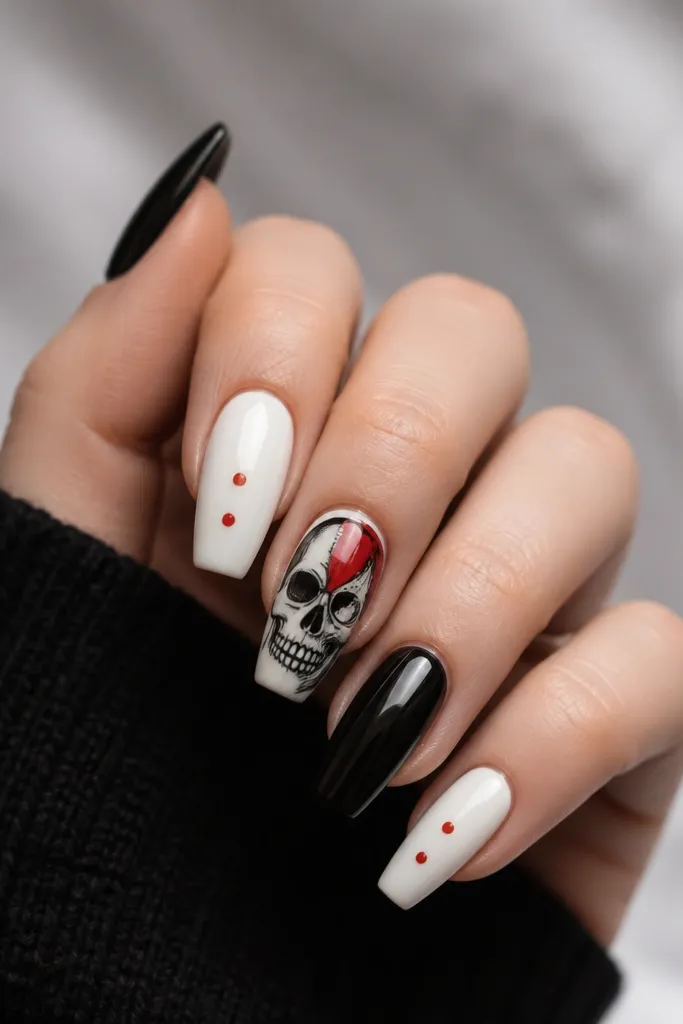Medium coffin nails with a glossy white base. On one or two nails, a stylized half-skull graphic is drawn in black with a red highlight area. The other nails are solid black or simple red dots.