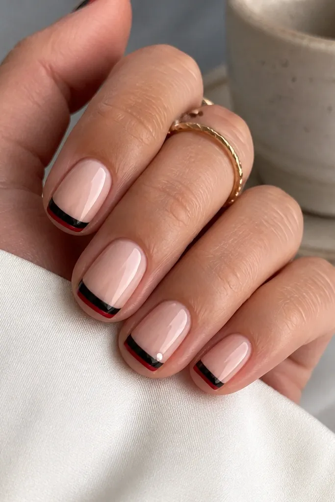 Short square nails with a nude base. French tips are solid black. Under each black tip, a thin red underline sits just above the nail edge. One nail has a single tiny white dot near the red underline.