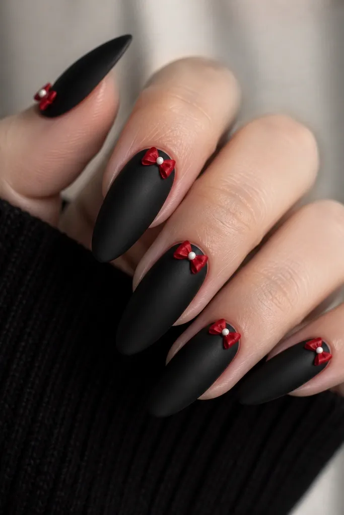 Long almond nails in satin black (slightly matte). On each nail, a small red bow sits near the cuticle with a tiny white dot in the center of the bow. The rest of the nail stays plain.