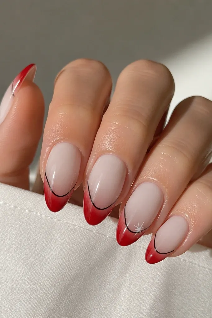Almond nails with a glossy milky white base. The tips dip into a glossy red gradient that fades upward, with a thin black line tracing the top of the red dip. One accent nail has a small white star in the corner.