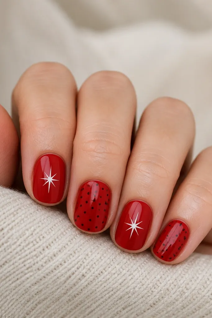 Short rounded nails painted glossy red. A subtle black dot grid sits across two nails, like tiny polka dots arranged evenly. Two other nails have small white starburst shapes near the center.
