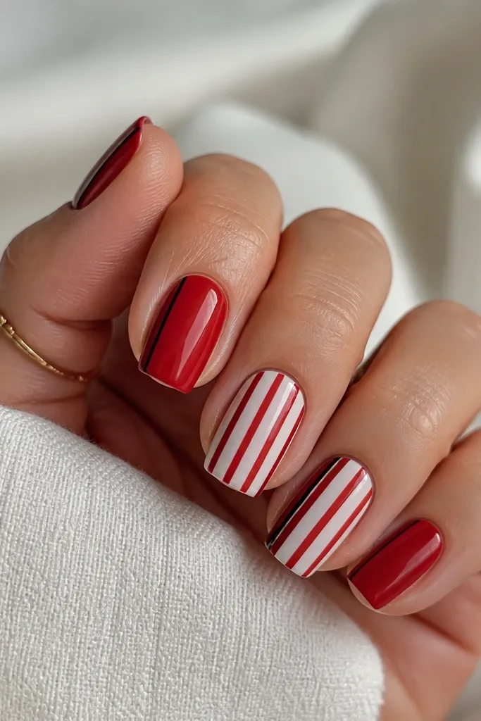 Medium square nails. Two nails have alternating red and white vertical stripes. Each nail has a thin black border line along one side of the nail from cuticle to tip.