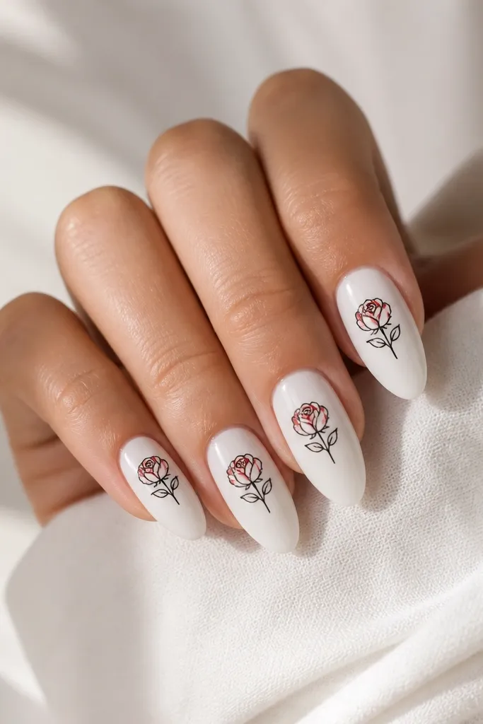 Almond nails with glossy white base. Each nail has a simple black line rose near the center cuticle area. The outer tips of the rose petals are colored red, leaving the center mostly white.