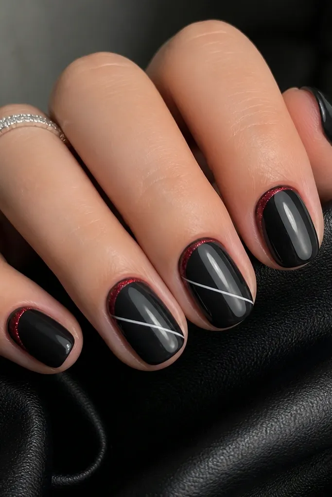 Short oval nails painted glossy black. Around the cuticle is a thin halo of red glitter. A single thin white line runs diagonally from side to side near the middle on two nails.