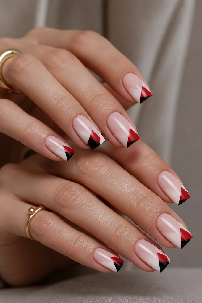 Medium square nails with a nude base. Each nail has geometric triangles made from red, white, and black. Triangles are placed in a diagonal arrangement from cuticle to tip with crisp edges.